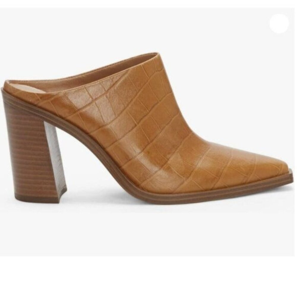 FOWT Women Crocodile Embossed Mules Chunky Stacked Heel Slippers Brown